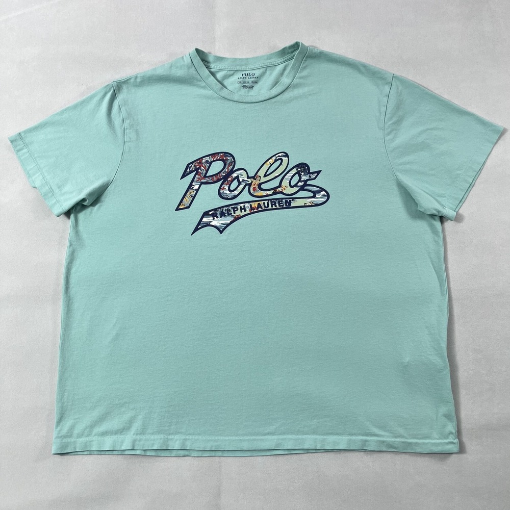 Polo Ralph Lauren T Shirt Men 1XB Aqua Hawaiian Spell Out Short Sleeve Crew Neck